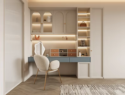 Modern Elegant Dressing Vanity Area With Table Chair Illuminated Cabinets And Decor Rug 3d model