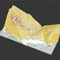 3D Scenic Landscape Featuring Rocky Mountains Wavy Ocean And Folded Form On Gray Background