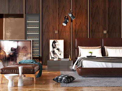 Modern Double Bed Interior With Wooden Walls Pendant Lights Nightstand And Decorative Artwork 3d model