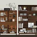 Modern Wooden Bookcase Interior Design With Books Decorative Sculptures Frames And Vases