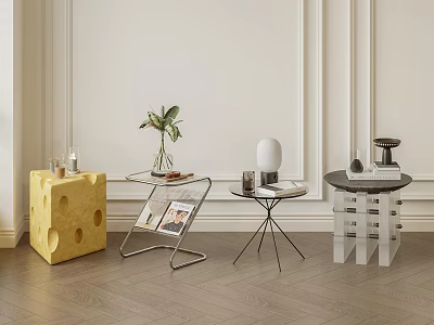 Yellow Cheese Shaped Leisure Chair With Metal Frame Round Table On Light Wall Wooden Floor 3d model
