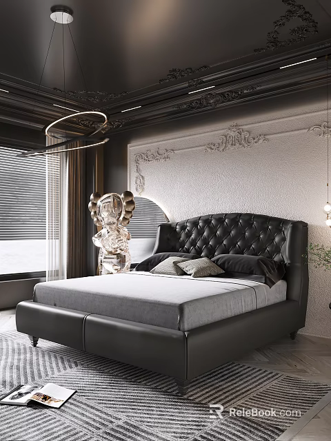 Bedroom With Black Leather Headboard Carved Wall Panel Circular Pendant Light And Sculpture Decor 3d model 