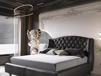Bedroom With Black Leather Headboard Carved Wall Panel Circular Pendant Light And Sculpture Decor 3d model