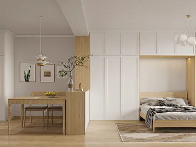 Minimalist Apartment Interior With Bedroom Dining Area And Wood Details 3d model