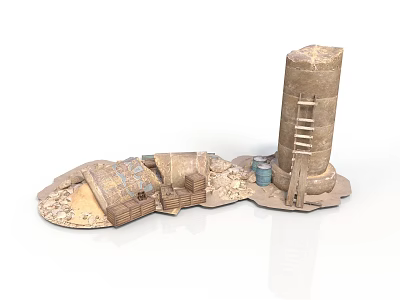 Modern Urban Industrial Scene With Brick Tower Metal Ladder Wooden Crates And Oil Drums 3d model