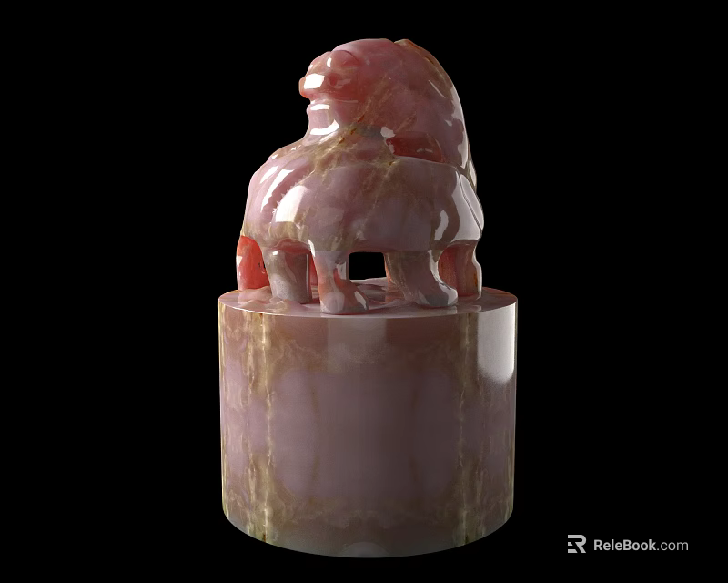 Red Jade Seal Sculpture With Intricate Animal Figure And Cylindrical Base 3d model 