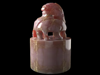 Red Jade Seal Sculpture With Intricate Animal Figure And Cylindrical Base 3d model