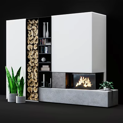 Modern Fireplace With Burning Fire Green Plants Wood Stack And Built-in Shelves 3d model