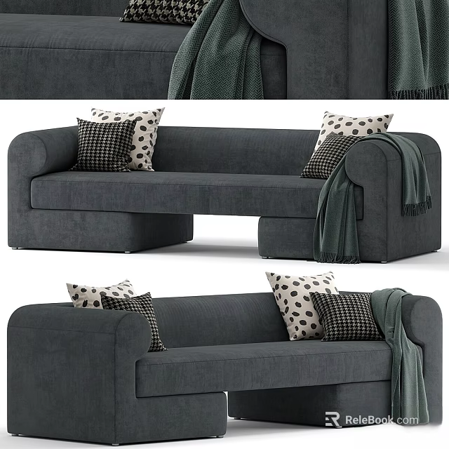 Grey Sofa Interior Design With Polka Dot Checkered Pillows And Green Throw Blanket 3d model