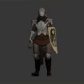 Man wearing medieval armor holding mace and yellow shield with black emblem