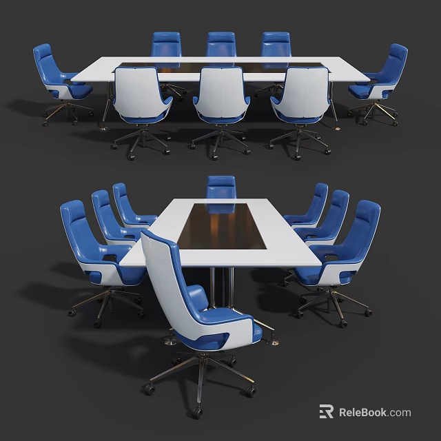 Modern Office Conference Table With White Tabletop And Blue White Ergonomic Chairs 3d model 