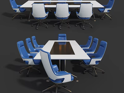 Modern Office Conference Table With White Tabletop And Blue White Ergonomic Chairs 3d model