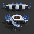 Modern Office Conference Table With White Tabletop And Blue White Ergonomic Chairs