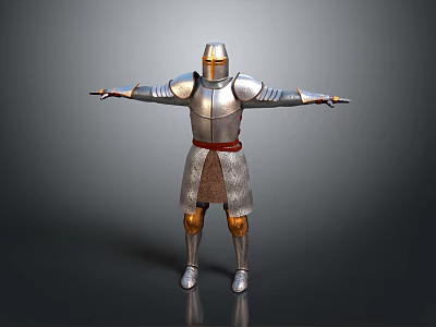 Detailed Silver Medieval Knight Armor with Red Belt Open Arms Gray Background 3d model