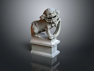 Traditional Stone Lion Statue With Intricate Carved Details On Decorative Pedestal 3d model