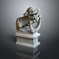 Traditional Stone Lion Statue With Intricate Carved Details On Decorative Pedestal