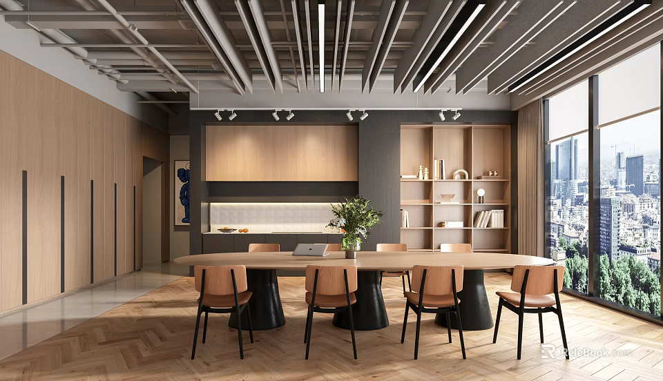 Modern Break Room Interior With Wooden Cabinets Dining Table Chairs Bookshelves And Green Plant 3d model 
