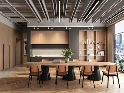 Modern Break Room Interior With Wooden Cabinets Dining Table Chairs Bookshelves And Green Plant 3d model