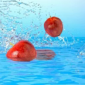 Fresh Red Apples Falling Into Blue Water With Splashes And Sky 3d model