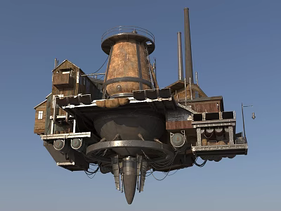 Floating Industrial Style Mechanical Structure Featuring Lighthouse Chimneys Small Houses And Bottom Metal Thrusters 3d model