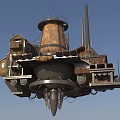 Floating Industrial Style Mechanical Structure Featuring Lighthouse Chimneys Small Houses And Bottom Metal Thrusters