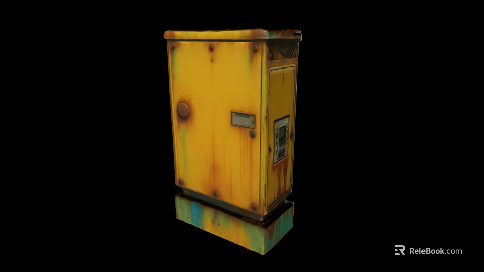 Yellow Rusty Industrial Control Box With Green Base And Metal Panel 3d model 