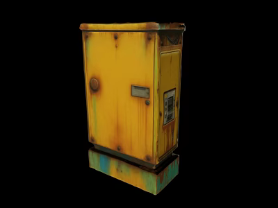 Yellow Rusty Industrial Control Box With Green Base And Metal Panel 3d model