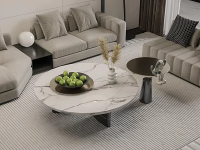 Modern Living Room With Marble Coffee Table Green Fruits And Dried Grass Decor Light Gray Sofa 3d model
