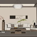 Cozy Modern Living Room with White Sofa Wooden Coffee Table Chandelier and Wall Art