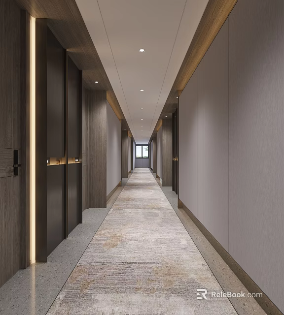 Modern Hotel Corridor Interior With Wooden Panels Carpeted Floor And Recessed Lighting 3d model 