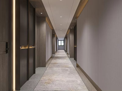 Modern Hotel Corridor Interior With Wooden Panels Carpeted Floor And Recessed Lighting 3d model