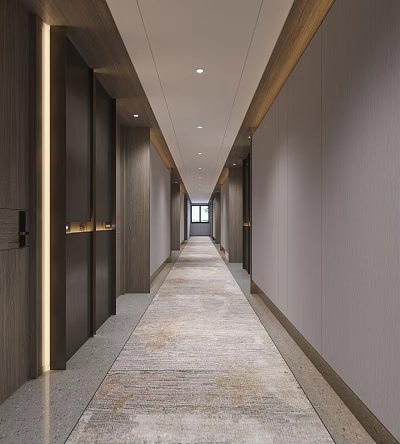 Modern Hotel Corridor Interior With Wooden Panels Carpeted Floor And Recessed Lighting 3d model