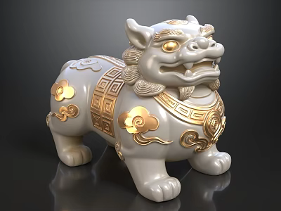 Chinese Traditional White Lion Statue With Golden Decorative Patterns And Ornaments 3d model