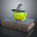 Cute Green Reptile Wearing Wizard Hat Sitting On Old Book With Smiling Face