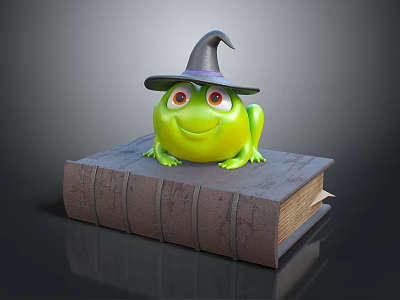 Cute Green Reptile Wearing Wizard Hat Sitting On Old Book With Smiling Face 3d model Cute Green Reptile Wearing Wizard Hat Sitting On Old Book With Smiling Face 3d model