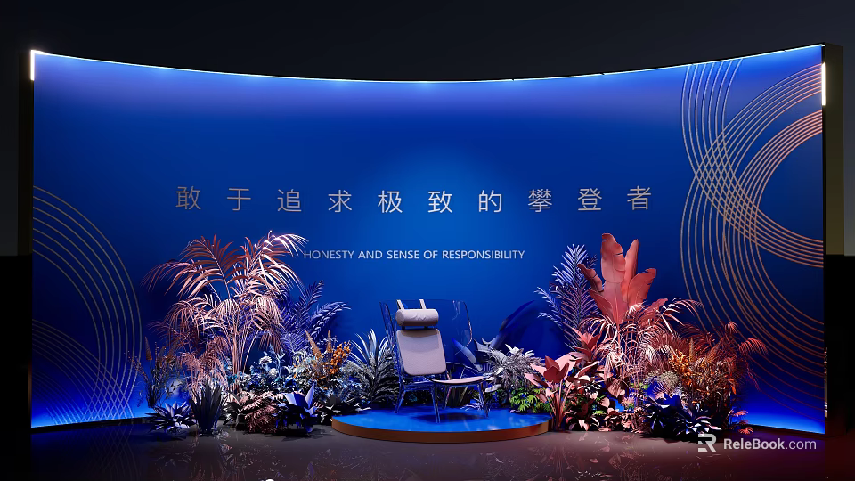 Trendy Photo Check in Spot With Blue Backdrop Text Plant Decorations and Chair 3d model 