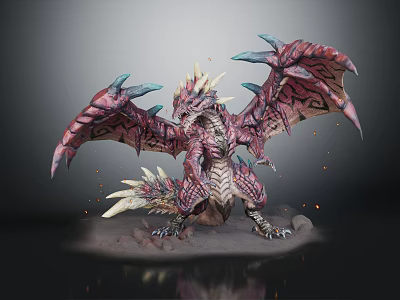 Detailed Fantasy Dragon Figurine Mythical Creature With Scaled Wings Spikes And Embers 3d model