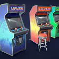 Colorful Vintage Arcade Game Machines In Blue Red Green With Red Stool