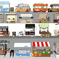 Mall Shops With Various Food Beverage Retail Stalls Carts Awnings And Different Designs
