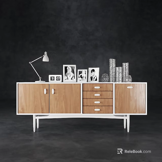 Wooden TV Stand With Cabinet Doors Drawers Table Lamp Photo Frames And Decorative Vases 3d model 
