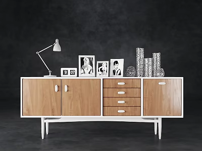 Wooden TV Stand With Cabinet Doors Drawers Table Lamp Photo Frames And Decorative Vases 3d model