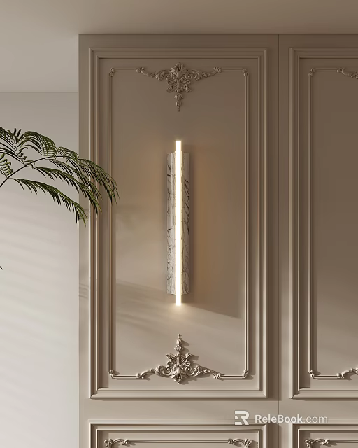 Modern Sleek Marble Wall Lamp On Interior Wall With Palm Leaf And Wall Paneling 3d model 