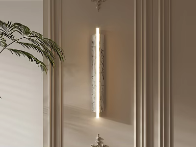 Modern Sleek Marble Wall Lamp On Interior Wall With Palm Leaf And Wall Paneling 3d model
