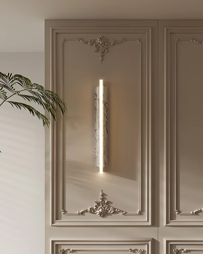 Modern Sleek Marble Wall Lamp On Interior Wall With Palm Leaf And Wall Paneling 3d model