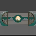 Traditional Chinese Decorative Screen With Circular Landscape Ornament And Moon Gate Design