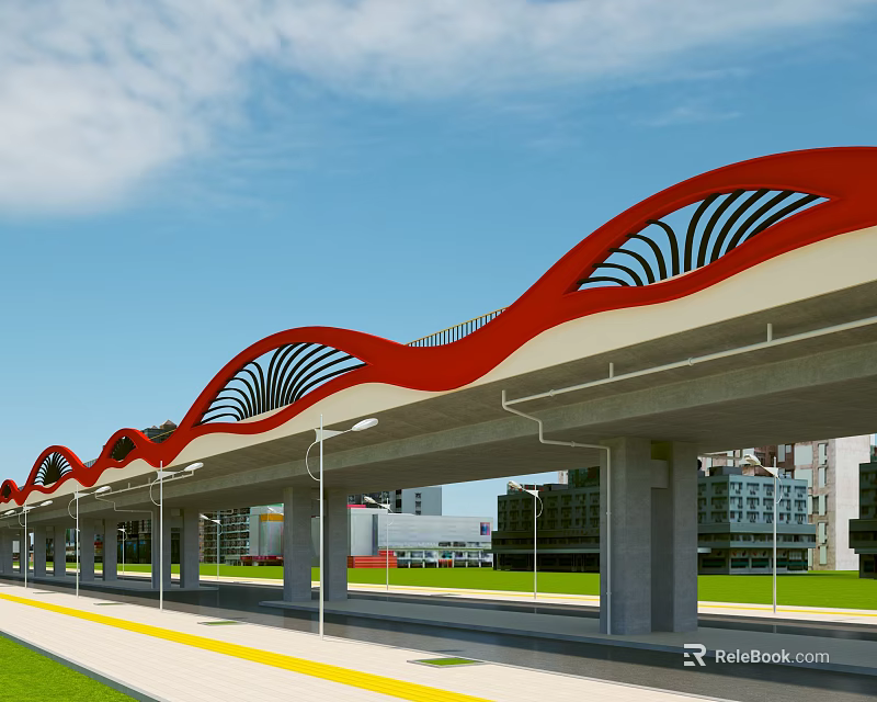 Modern Elevated Platform With Wavy Red And White Roof Black Stripes And Green Grass 3d model 