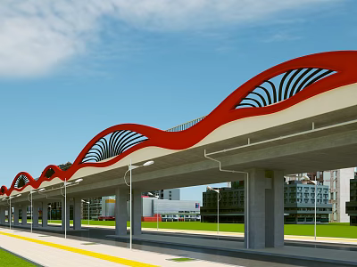 Modern Elevated Platform With Wavy Red And White Roof Black Stripes And Green Grass 3d model