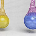 Three Hanging Spheres with Colored Mesh Covers Against White Brick Wall 3d model