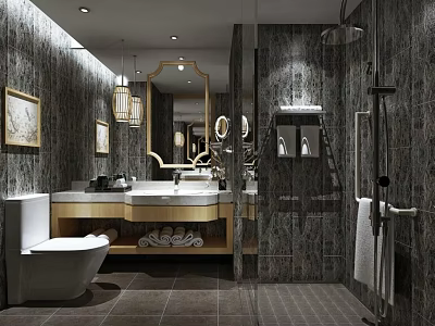 Elegant Modern Luxury Bathroom With Dark Marble Tiles And Golden Framed Mirror Complete Sanitary Fixtures 3d model