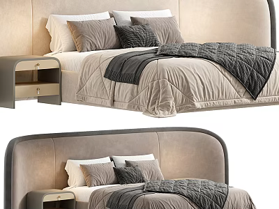 Double Bed Interior Design With Upholstered Headboard Multiple Pillows Gray Quilt and Nightstand With Drawers 3d model